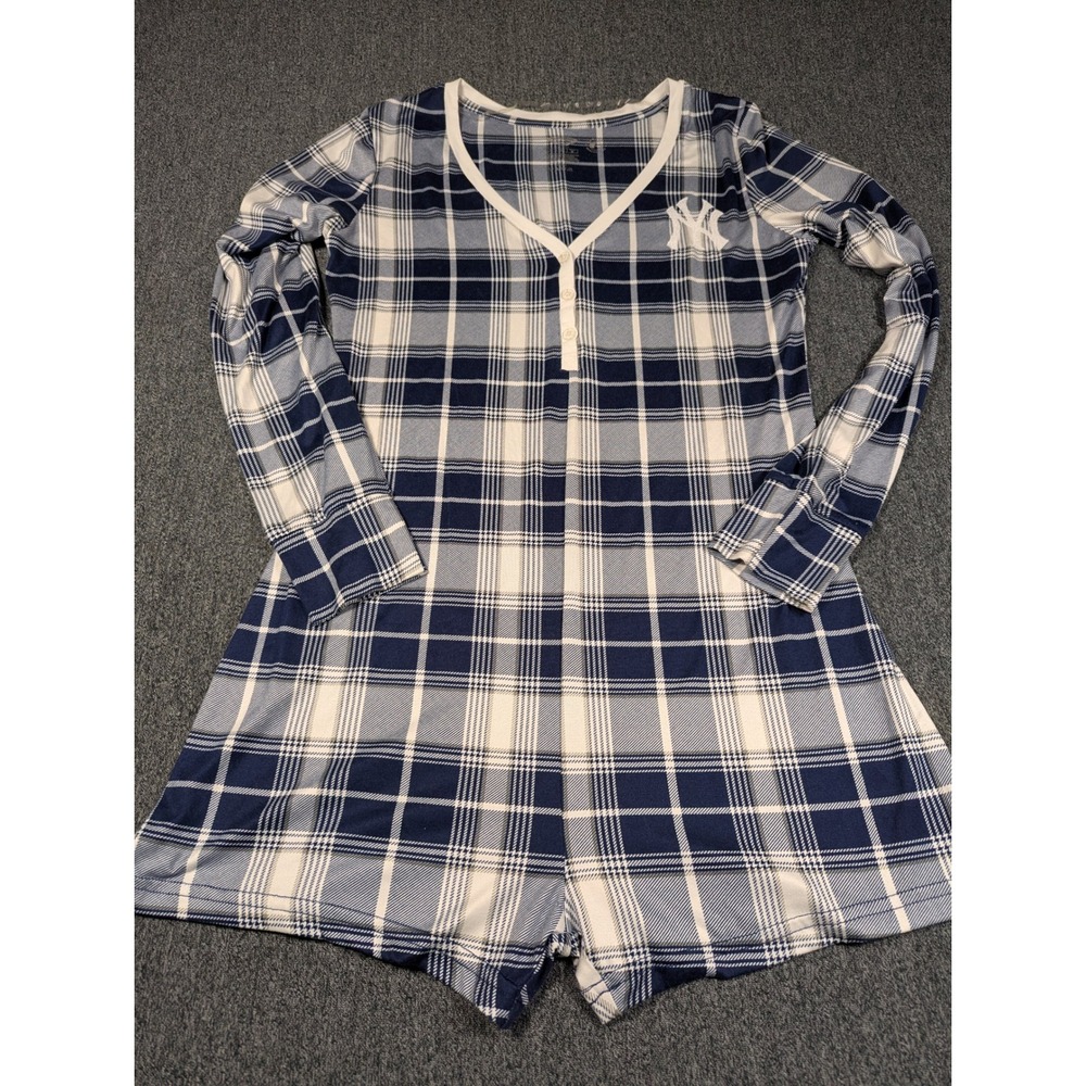 Concepts Sport MLB New York Yankees Plaid Pajama Romper Navy White Womens Medium